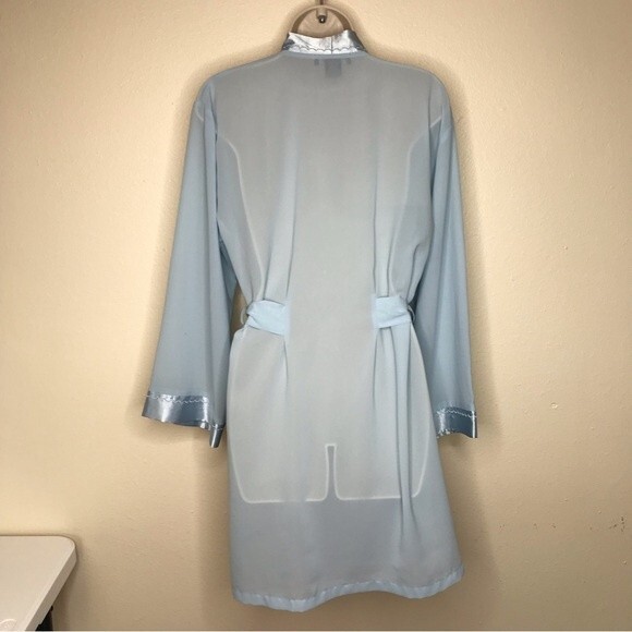 Halston Satin Trim Chiffon Bath Robe Light Blue Attached Tie Women Size Medium - Picture 8 of 16